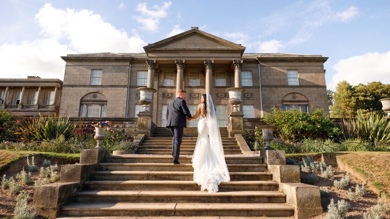 Bride and groom in the Italian Garden, Tatton Park, Cheshire